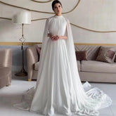 Ramanda Simple Saudi Arabia High Neck Chiffon Sweep Train Wedding Dress Cape Sleeves Simple Pleats Ruching A-line Bridal Gown